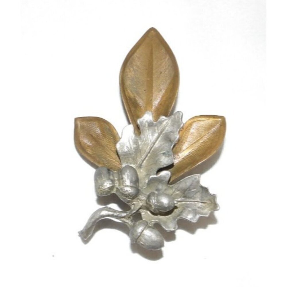 Vintage handmade brass and metal acorn leaves brooch pin 3 x 1.75"